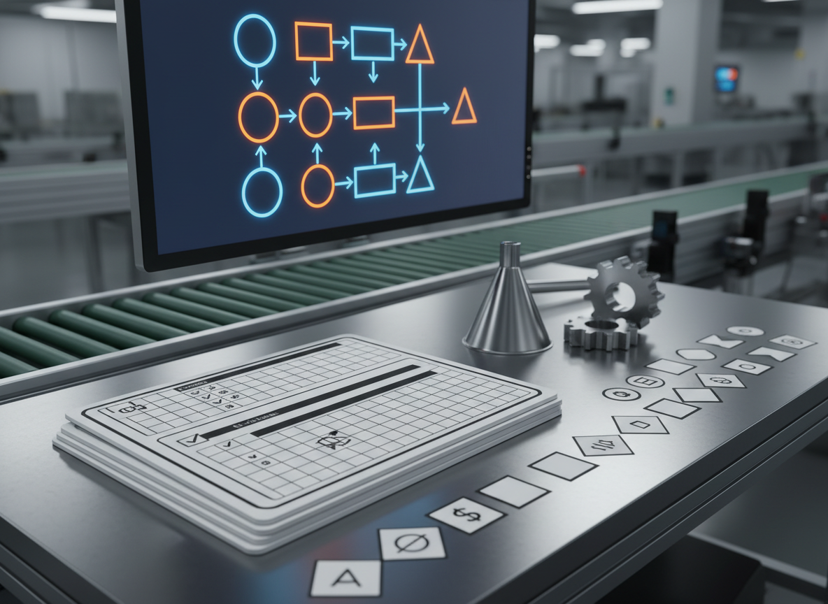 A close-up photographic view of a precision-engineered workstation on a production line, reimagined as a sales playbook station. On a brushed aluminum surface lie neatly stacked, template-like boards with printed grid patterns, icon-based checklists, and flowchart markers, alongside finely crafted metal tools shaped like funnels and gears. A large, frameless monitor hovers above, displaying a glowing process diagram made of simple shapes and arrows, no words. Soft, directional studio lighting from the upper left creates subtle highlights on edges and controlled shadows, emphasizing clarity and order. Shallow depth of field keeps the primary tools in sharp focus while the background production environment blurs, conveying focus, professionalism, and repeatable process design.