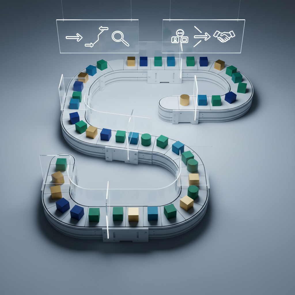 A clean, modern sales process visualization depicted as a physical assembly line of modular components, each segment representing a different stage of the buyer journey. Matte white platforms carry neatly arranged, color-coded cubes and cylinders, with transparent acrylic barriers subtly indicating handoff points between GTM functions. Overhead, minimalistic process diagrams glow on suspended glass panels, using arrows and icons instead of words. Soft studio lighting with a cool temperature highlights the geometry and casts gentle, ordered shadows. Photographic realism from a bird’s-eye view, emphasizing flow, repeatability, and alignment. The mood is precise, controlled, and professional, ideal for illustrating a structured system for improving sales performance.
