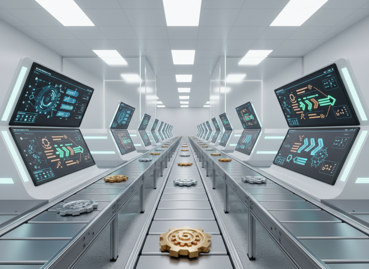 A long, linear production floor where compact, automated workstations resemble collaborative sales pods, each containing multiple angled screens showing abstract dashboards, pipeline diagrams, and template frameworks without readable text. Between stations, conveyor belts transport polished metal tokens symbolizing opportunities moving through a repeatable process. The room is bright and spacious, with white walls, light gray epoxy floors, and translucent partitions suggesting cross-functional GTM alignment. Overhead LED panel lighting provides uniform, shadow-soft illumination that enhances the clinical, efficient feel. Photographic realism, captured from an eye-level perspective looking down the line, with leading lines drawing the eye forward, evoking momentum, scale, and continuous sales performance improvement.